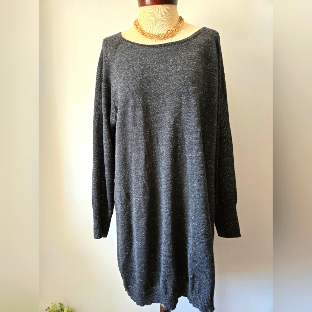EILEEN FISHER Merino Wool Knit Pullover Tunic In Black With Silver Sparkle. XL